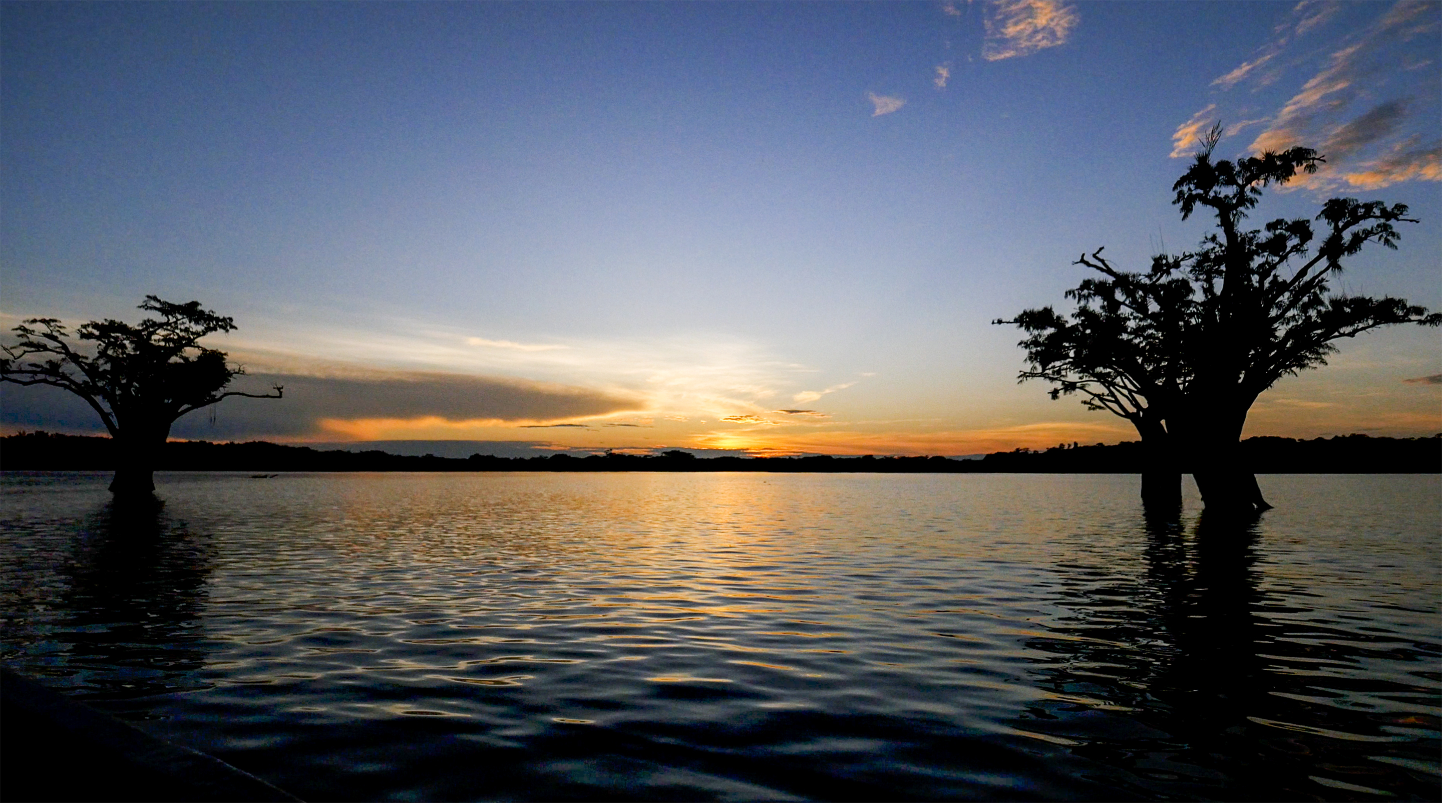 Reflecting on the sunset over la laguna grande in the Cuyabeno reserve. 