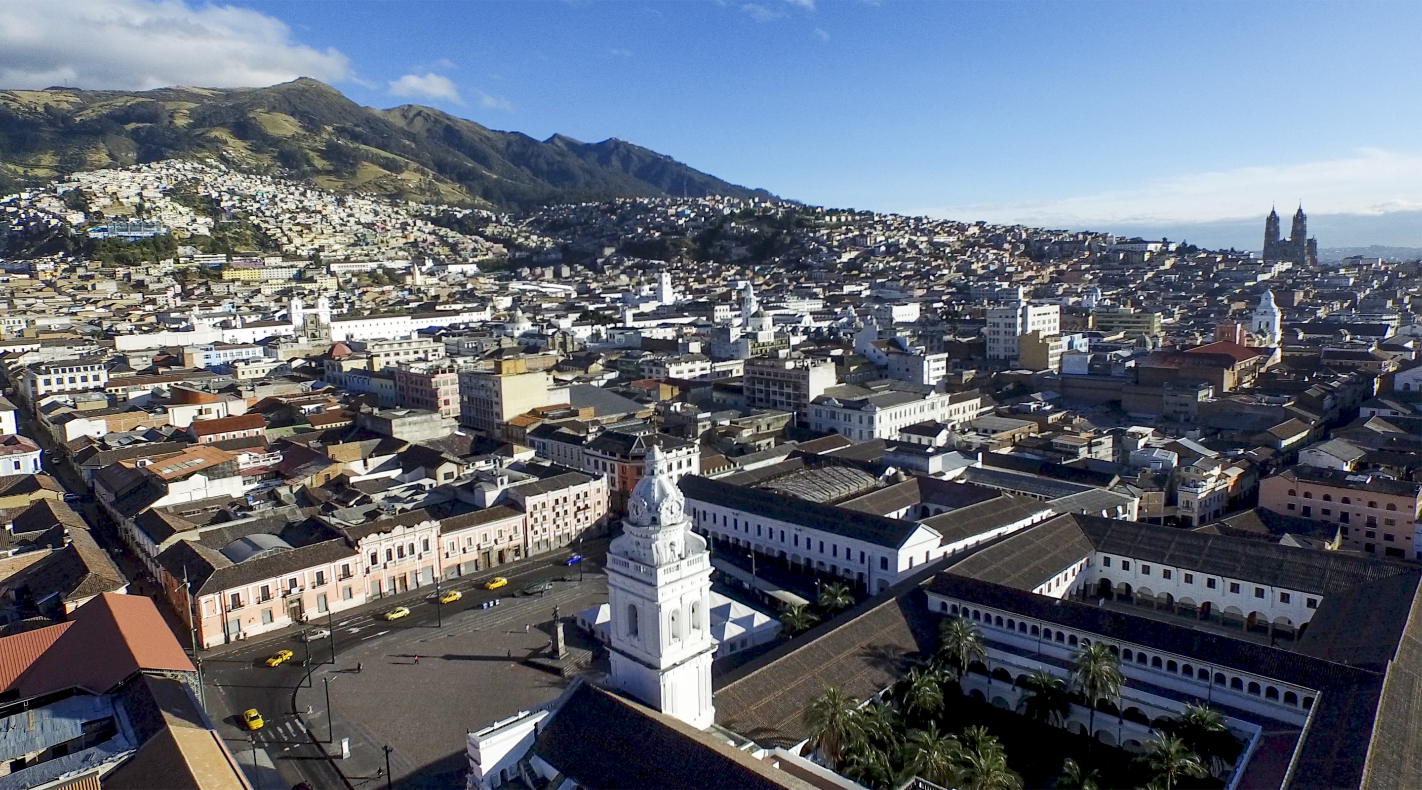 Historic center of Quito with Ruco Pichincha in the background.