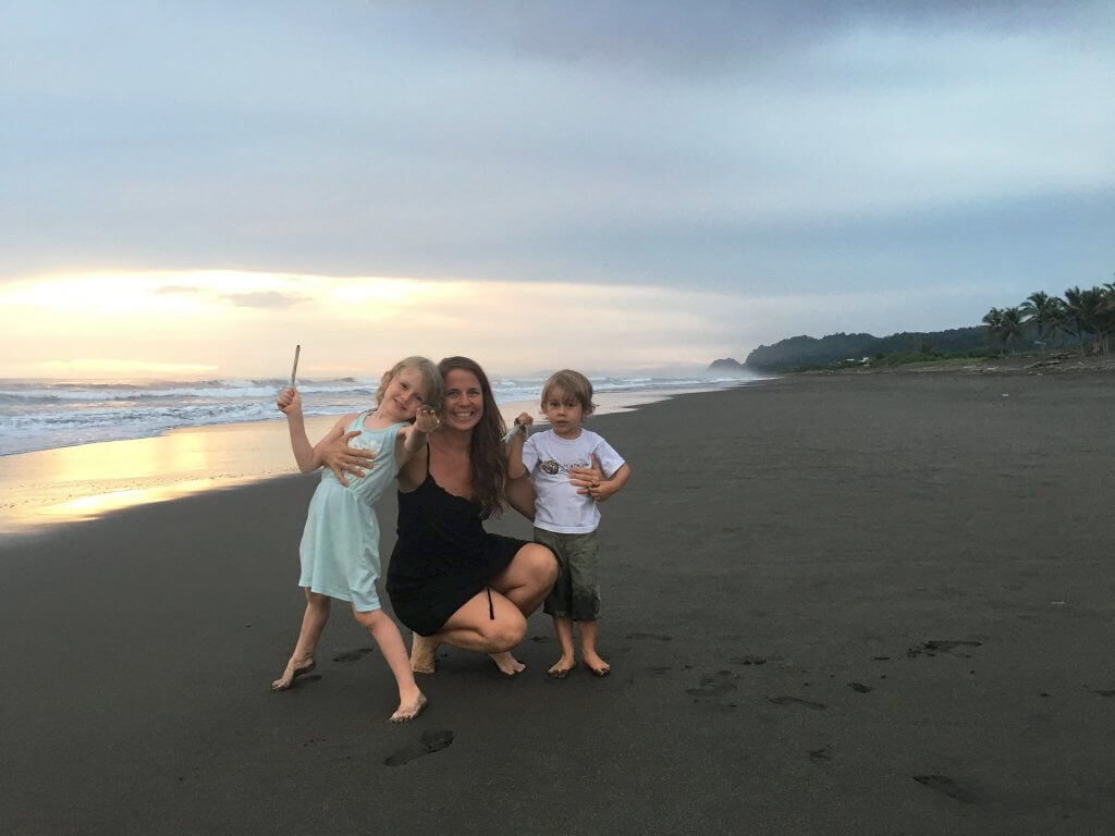 Susanna and Kids on the beach in the Galapagos Islands